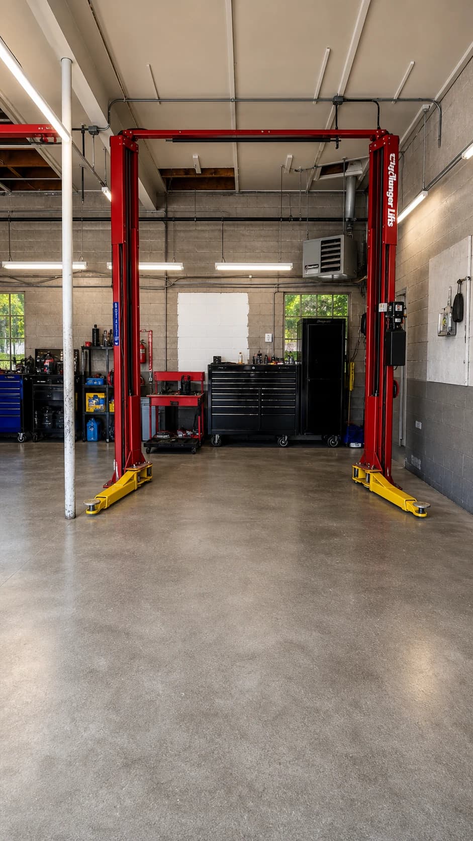The red lift and organized tool bay at Exeter Auto Clinic in Exeter, NH.